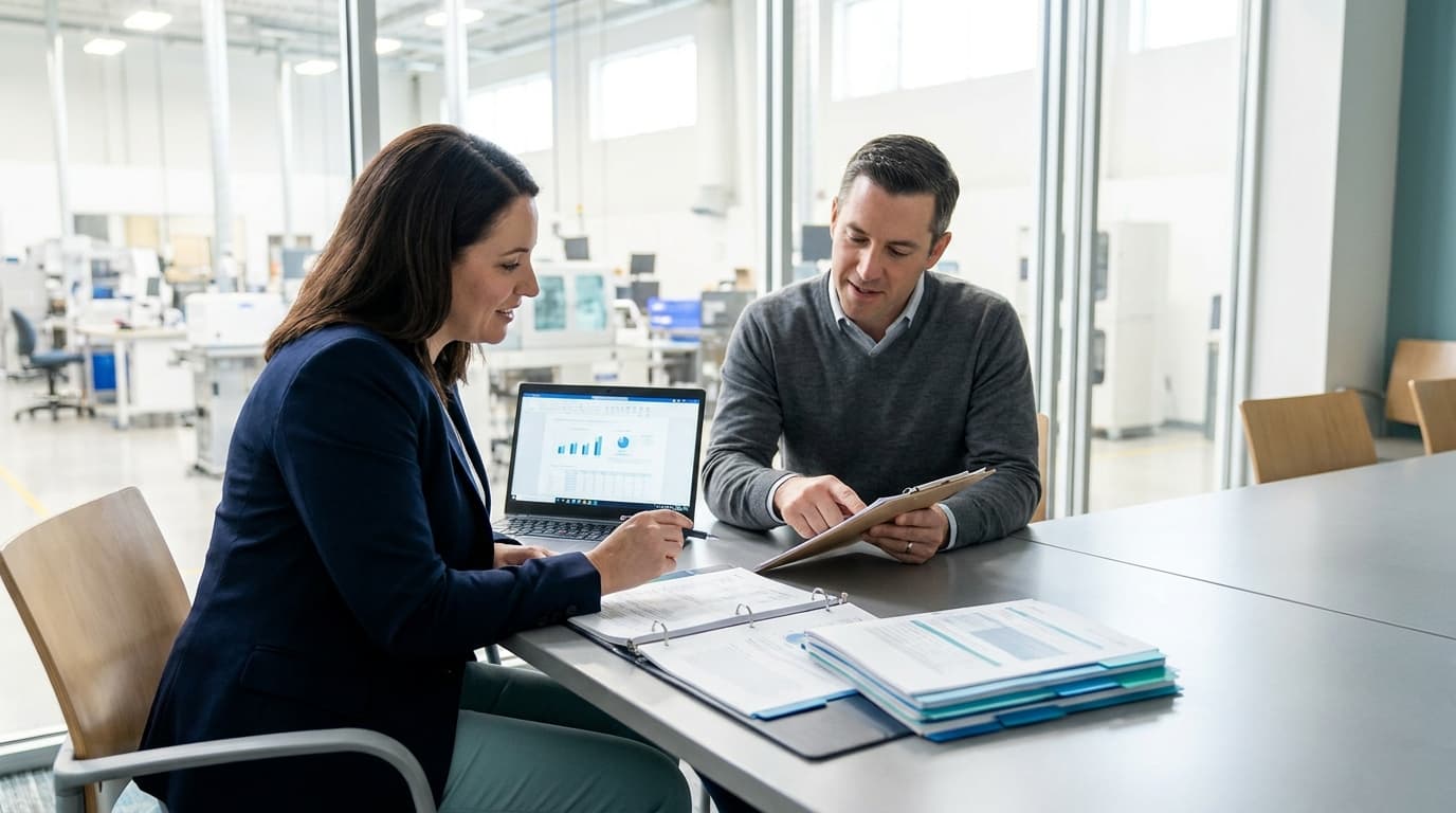 Two professionals reviewing quality records together in a medical device audit